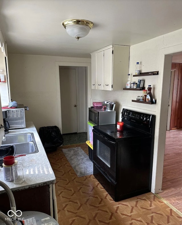 210 N Wayne St, Van Buren, IN 46991 - kitchen featuring black electric range oven, a sink, white cabinetry, light countertops, and stainless steel microwave