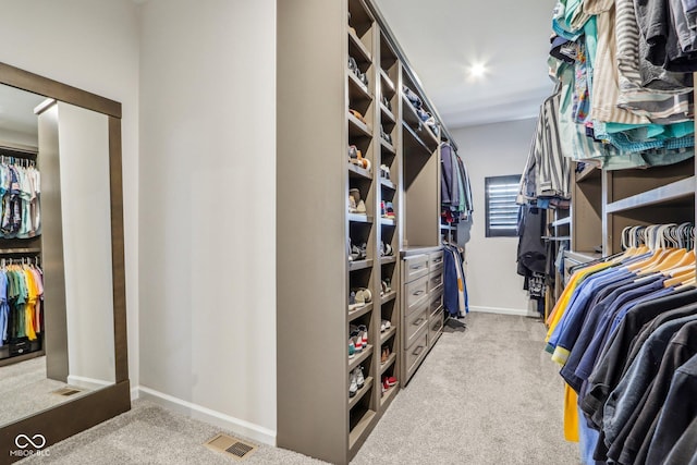 walk in closet with light carpet