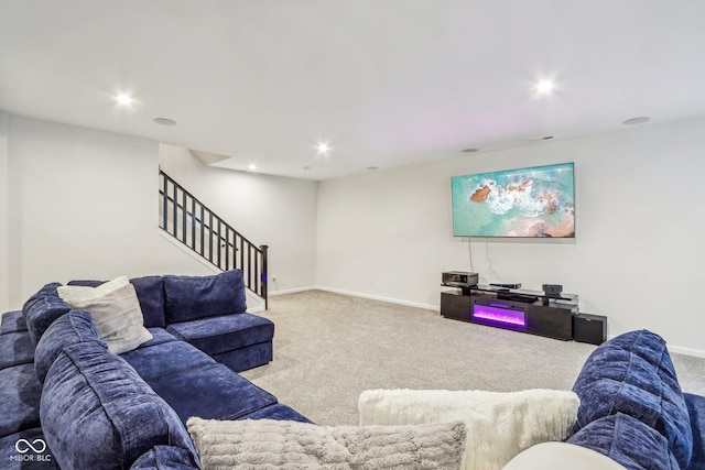 living room with light colored carpet