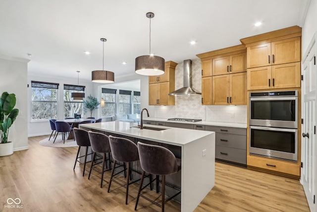 kitchen with appliances with stainless steel finishes, pendant lighting, an island with sink, sink, and wall chimney range hood