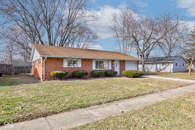 view of front of home featuring brick siding, concrete driveway, fence, a garage, and a front lawn