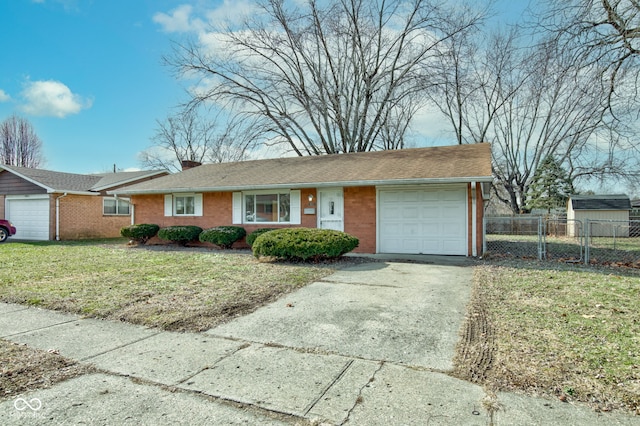 ranch-style house with brick siding, a chimney, concrete driveway, an attached garage, and fence