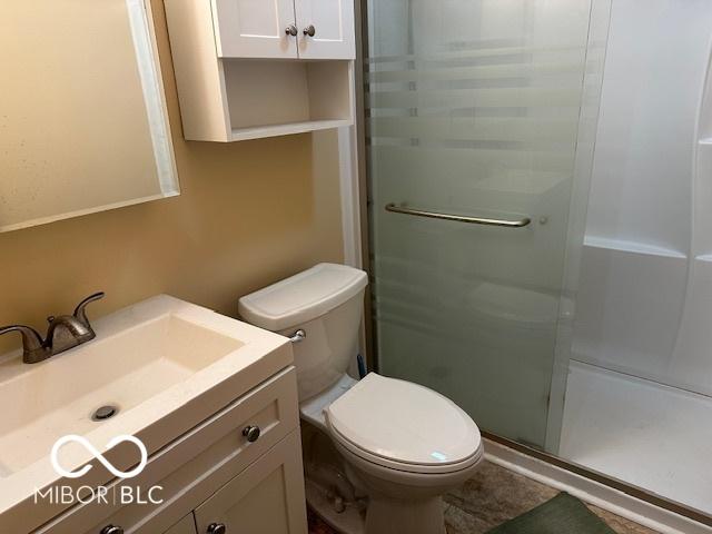 bathroom featuring vanity, toilet, and an enclosed shower