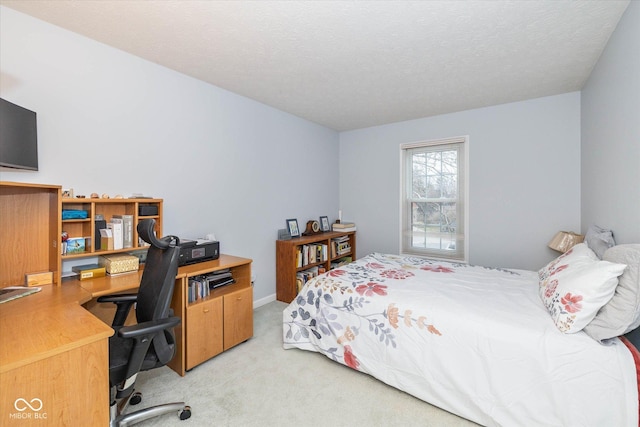 carpeted bedroom with a textured ceiling