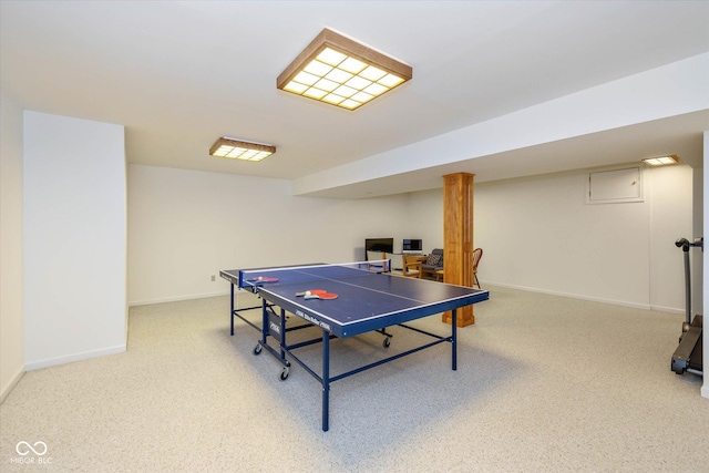 game room with light carpet