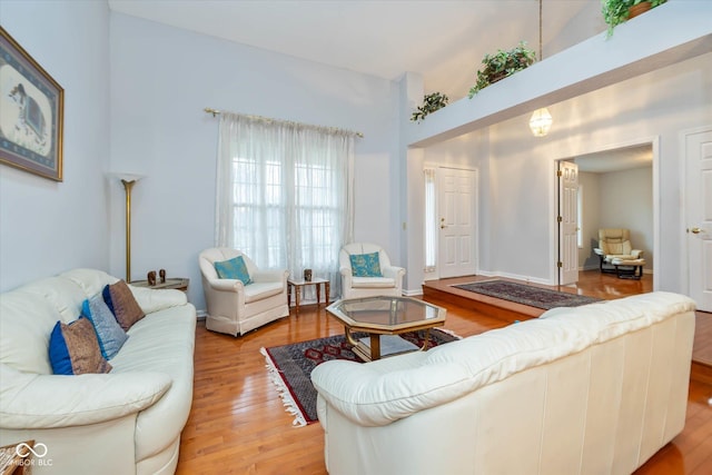 living room featuring hardwood / wood-style floors and a towering ceiling