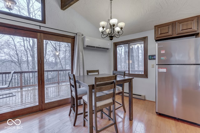 dining area with vaulted ceiling with beams, an inviting chandelier, light hardwood / wood-style flooring, a wall unit AC, and a baseboard heating unit