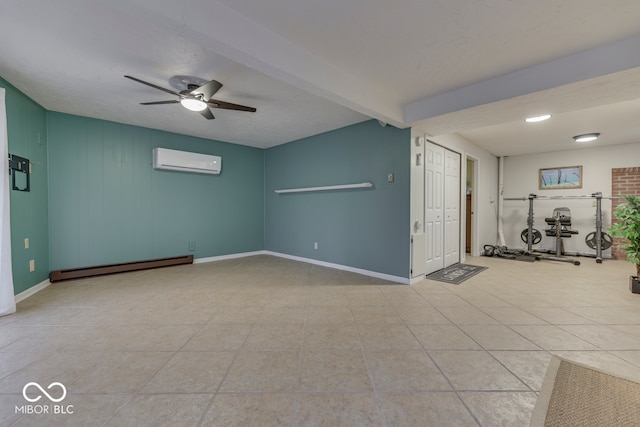 spare room featuring ceiling fan, baseboard heating, a wall unit AC, tile patterned floors, and beamed ceiling