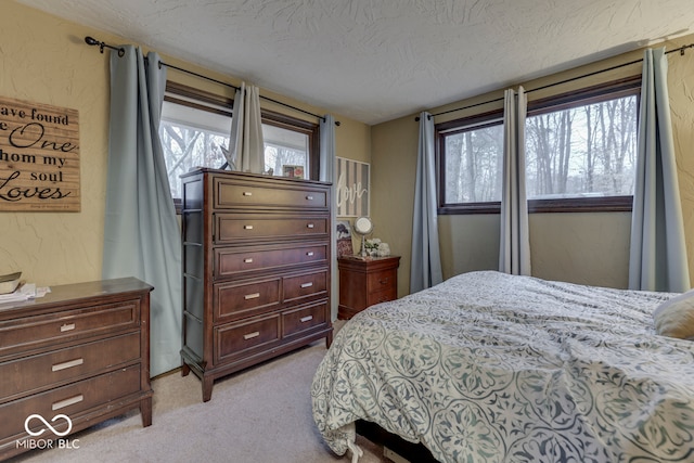 carpeted bedroom with a textured ceiling