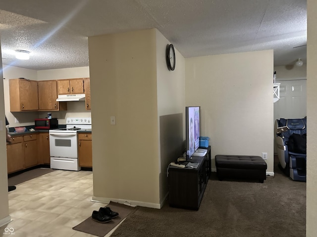 kitchen featuring light carpet, electric range, and a textured ceiling