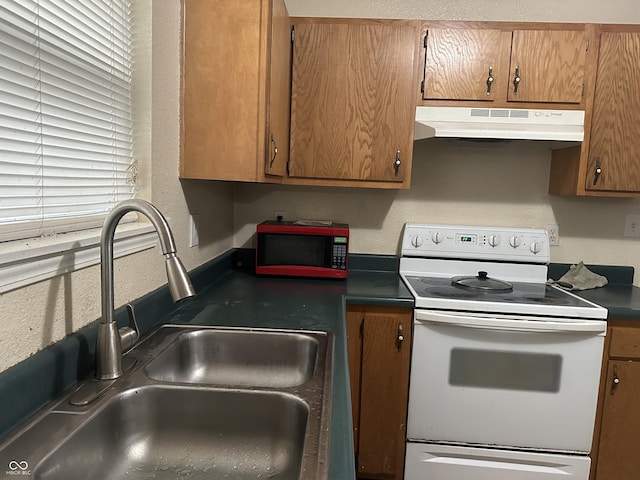 kitchen with sink and white range with electric stovetop