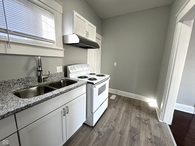 kitchen featuring light stone counters, electric stove, dark wood-style flooring, a sink, and under cabinet range hood