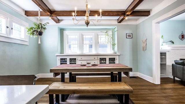 dining space featuring beamed ceiling, coffered ceiling, dark hardwood / wood-style floors, and a notable chandelier