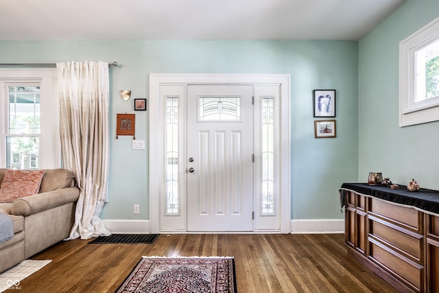 foyer featuring dark wood-type flooring and a wealth of natural light