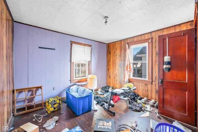 misc room with dark hardwood / wood-style floors and wood walls