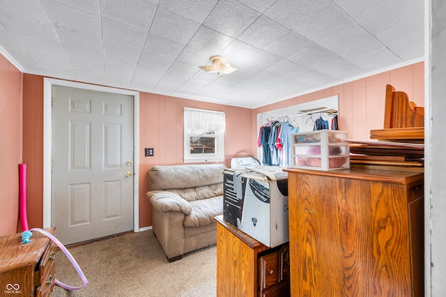 interior space featuring light colored carpet