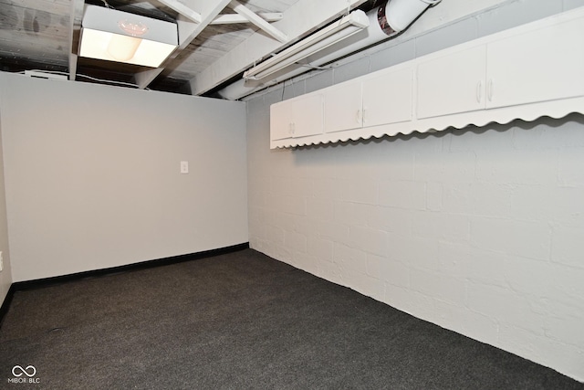 basement featuring dark colored carpet