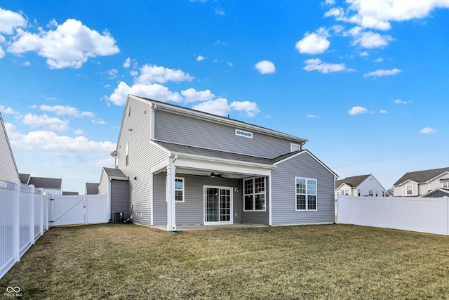 back of property featuring central AC, a patio area, ceiling fan, and a lawn