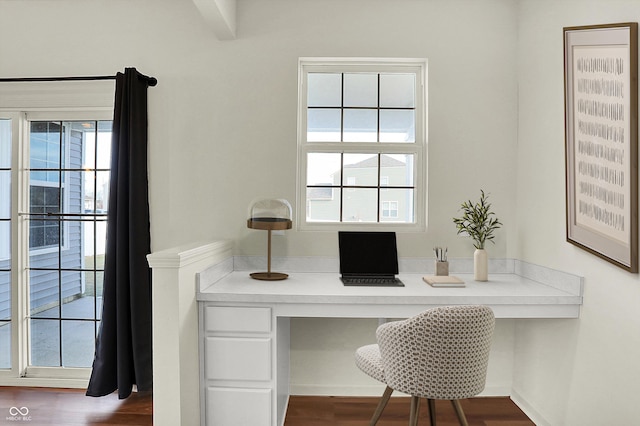 home office featuring dark hardwood / wood-style floors and built in desk