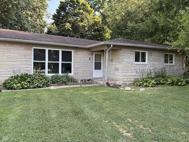 79 Circle Dr, Mooresville, IN 46158 - ranch-style home featuring stone siding, a front lawn, and a shingled roof