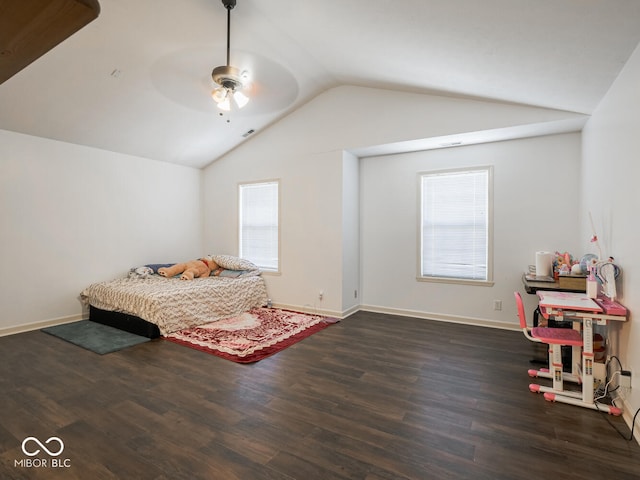 bedroom featuring lofted ceiling, dark hardwood / wood-style floors, and ceiling fan