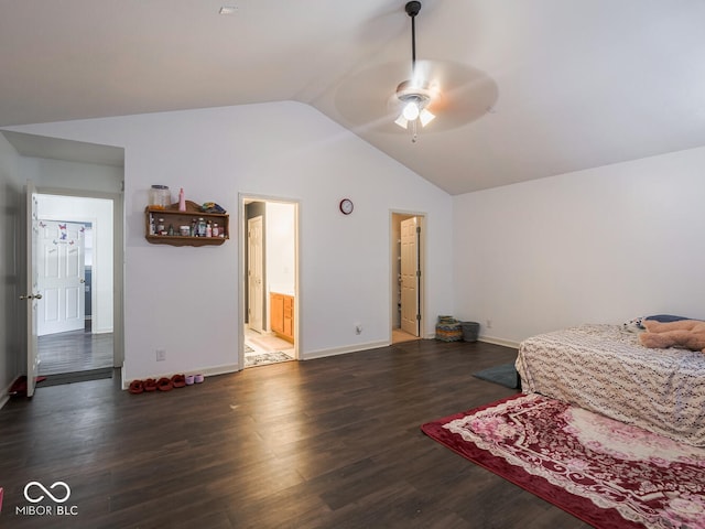 bedroom with dark wood-type flooring, ceiling fan, and lofted ceiling