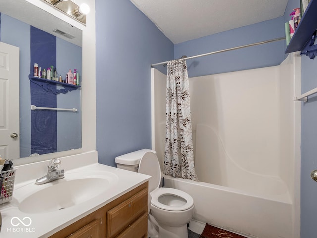 full bathroom featuring vanity, shower / bath combo, and toilet