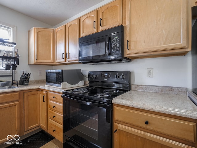 kitchen featuring lofted ceiling, sink, a textured ceiling, and black appliances