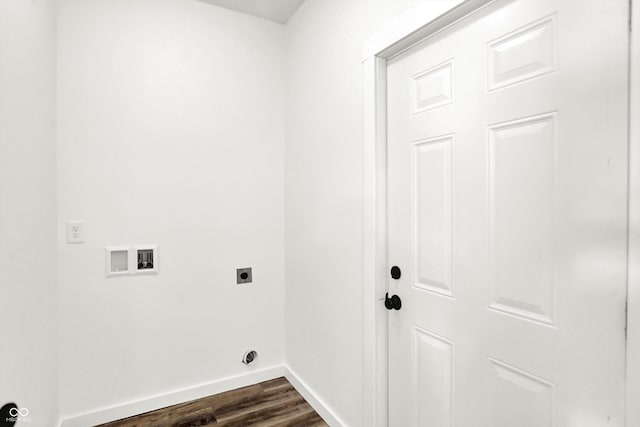 laundry room with electric dryer hookup, hookup for a washing machine, and dark hardwood / wood-style floors