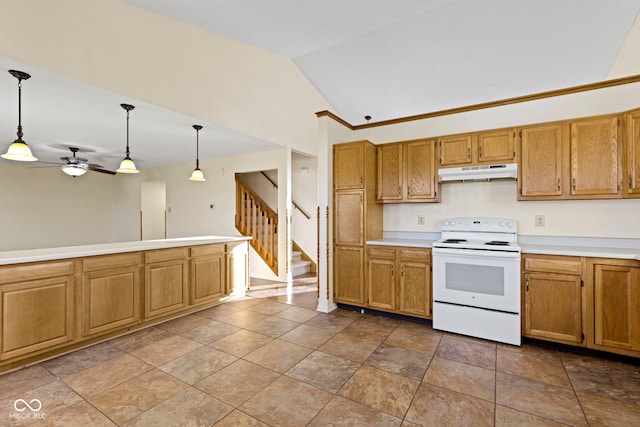 kitchen featuring electric stove, hanging light fixtures, lofted ceiling, and ceiling fan