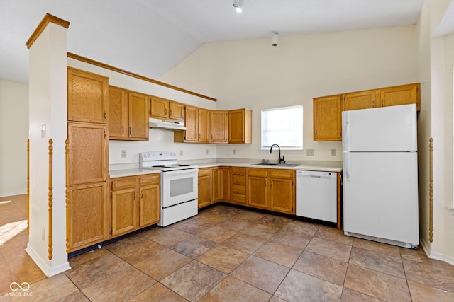 kitchen with high vaulted ceiling, sink, and white appliances