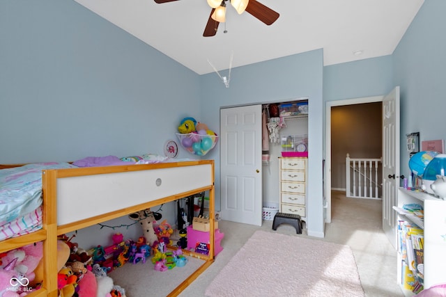 2231 Colfax Ln, Indianapolis, IN 46260 - bedroom featuring a ceiling fan, a closet, carpet flooring, and lofted ceiling
