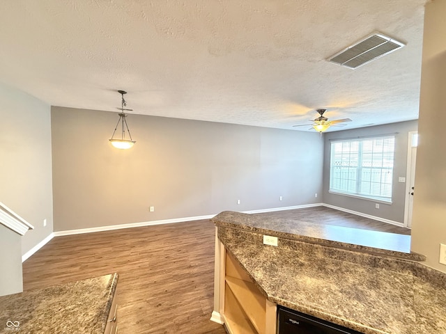 2231 Colfax Ln, Indianapolis, IN 46260 - kitchen featuring a textured ceiling, wood finished floors, ceiling fan, and hanging light fixtures