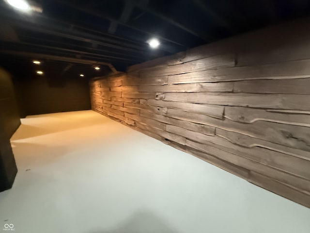 basement with wood walls