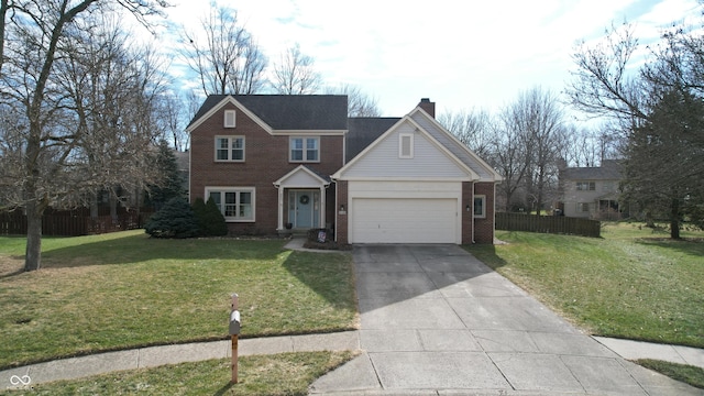 front facade featuring a garage and a front lawn