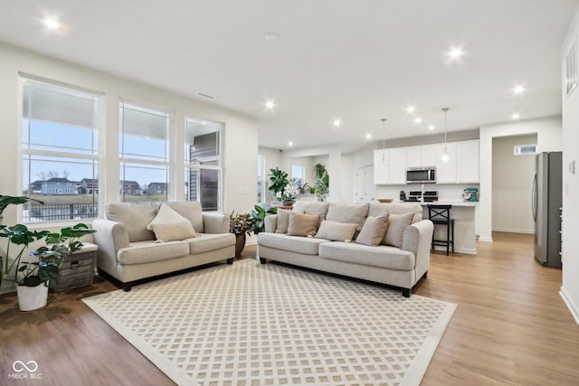 living room with plenty of natural light and light wood-type flooring