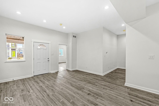 entrance foyer with a wealth of natural light and dark hardwood / wood-style floors