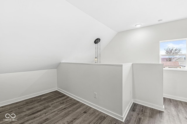 interior space with lofted ceiling and dark wood-type flooring