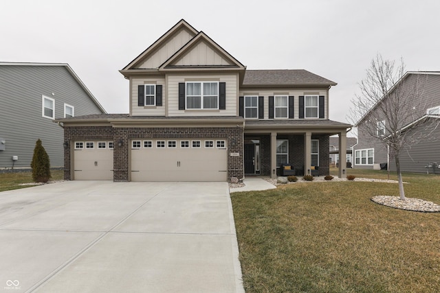 craftsman-style house with a garage, a porch, and a front yard