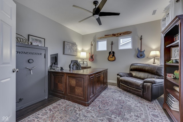 office space featuring hardwood / wood-style flooring and ceiling fan