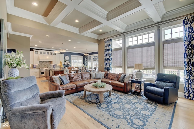 14445 Gainesway Cir, Fishers, IN 46040 - living room with crown molding, coffered ceiling, healthy amount of natural light, light wood-type flooring, and beam ceiling
