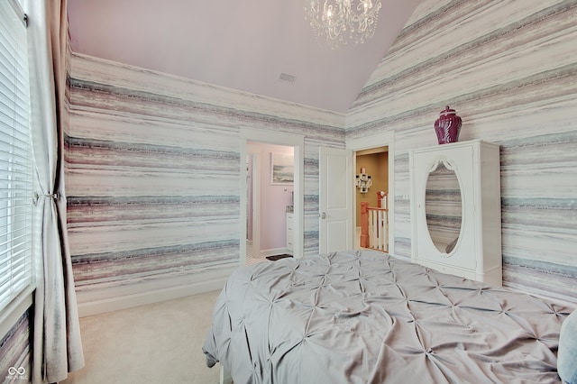 14445 Gainesway Cir, Fishers, IN 46040 - carpeted bedroom featuring lofted ceiling and a chandelier