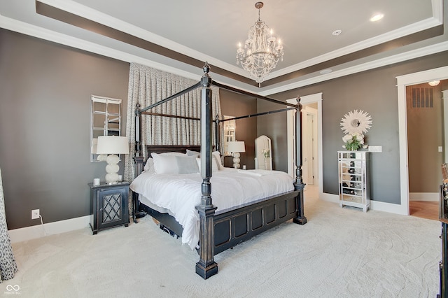 14445 Gainesway Cir, Fishers, IN 46040 - carpeted bedroom featuring a tray ceiling, ornamental molding, a chandelier, and recessed lighting