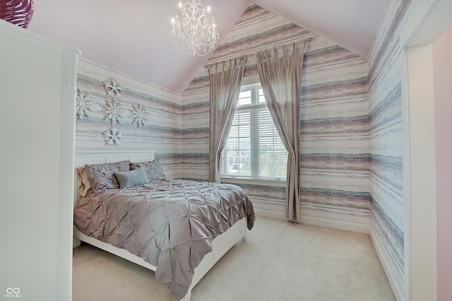 14445 Gainesway Cir, Fishers, IN 46040 - carpeted bedroom with wallpapered walls, vaulted ceiling, and a chandelier