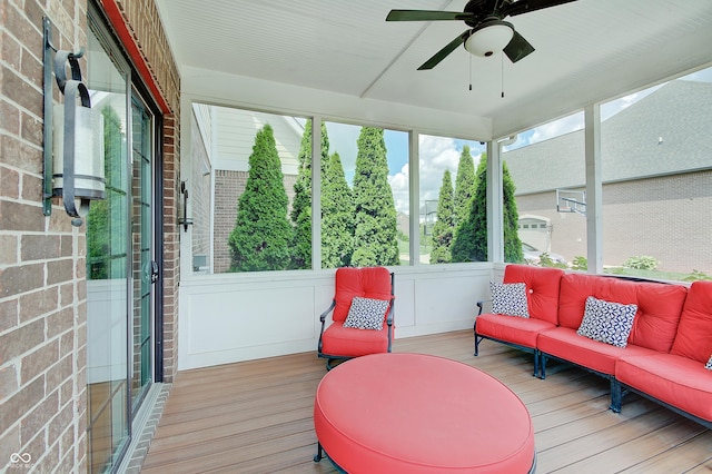 14445 Gainesway Cir, Fishers, IN 46040 - sunroom with wood finished floors, an outdoor living space, ceiling fan, and a wooden deck