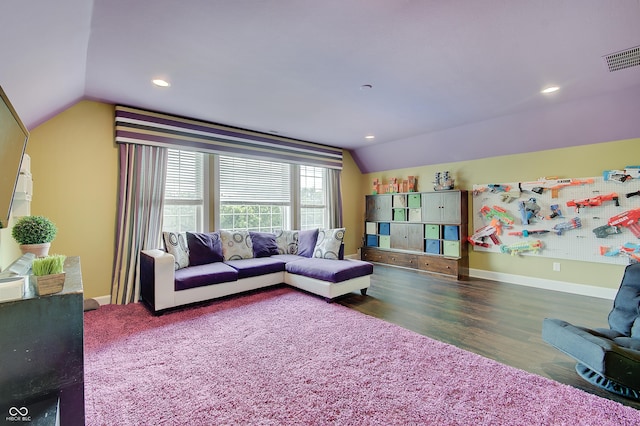 14445 Gainesway Cir, Fishers, IN 46040 - living room featuring lofted ceiling, wood finished floors, and recessed lighting