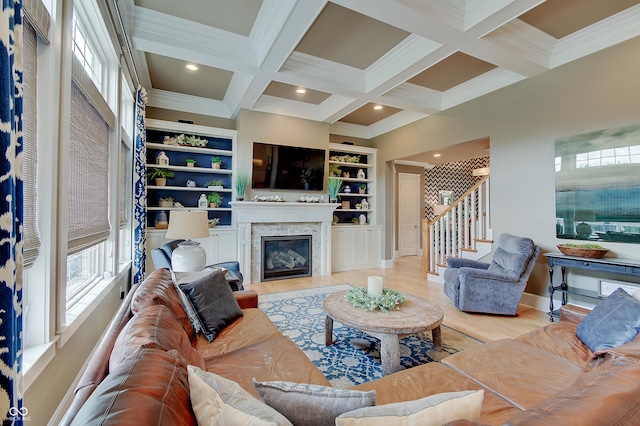 14445 Gainesway Cir, Fishers, IN 46040 - living area featuring crown molding, stairs, beamed ceiling, coffered ceiling, and wood finished floors