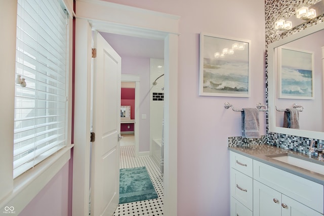 14445 Gainesway Cir, Fishers, IN 46040 - full bath with vanity, shower / washtub combination, tasteful backsplash, tile patterned floors, and a chandelier