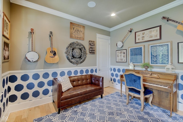 14445 Gainesway Cir, Fishers, IN 46040 - office space featuring wood finished floors, a wainscoted wall, ornamental molding, and recessed lighting