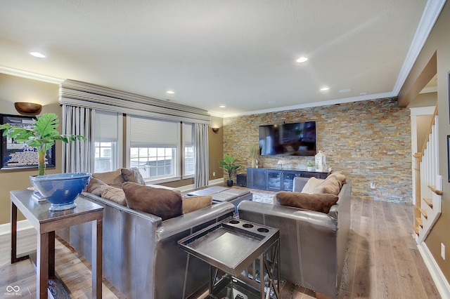 14445 Gainesway Cir, Fishers, IN 46040 - living room with ornamental molding, wood finished floors, a fireplace, and recessed lighting
